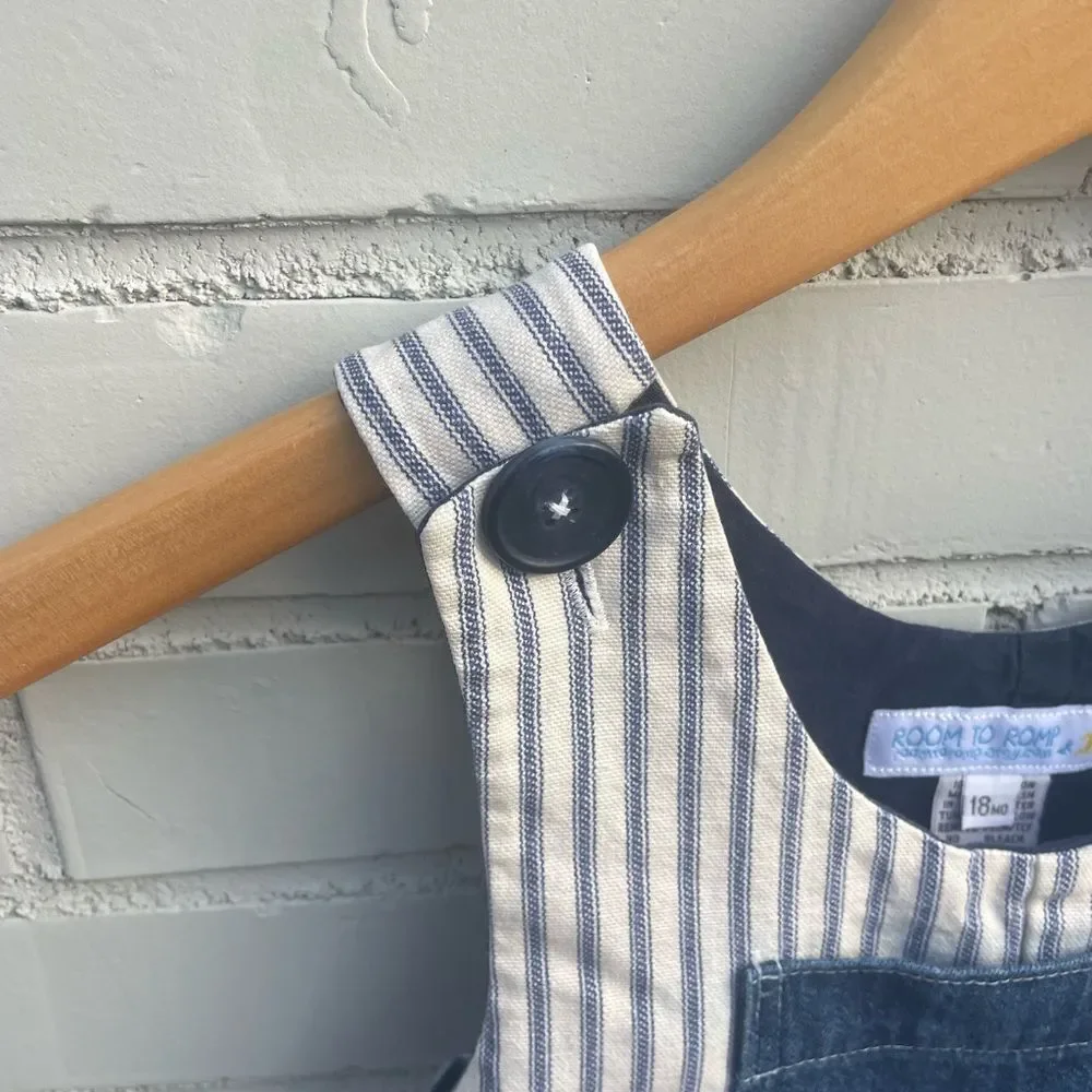 Room to Roup Baby Blue white Lined overalls striped denim Button Overalls Sz 18m